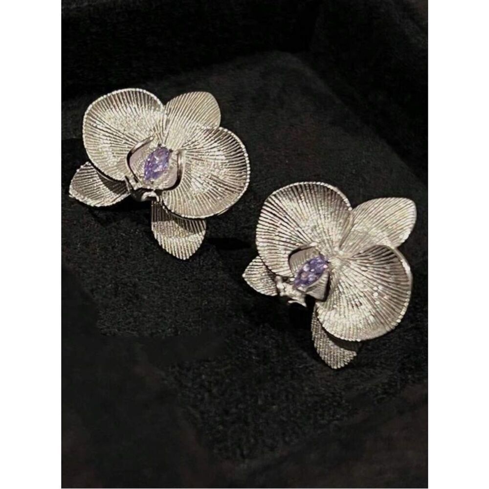 Silver Orchid Flower Earrings with Purple Stone R481